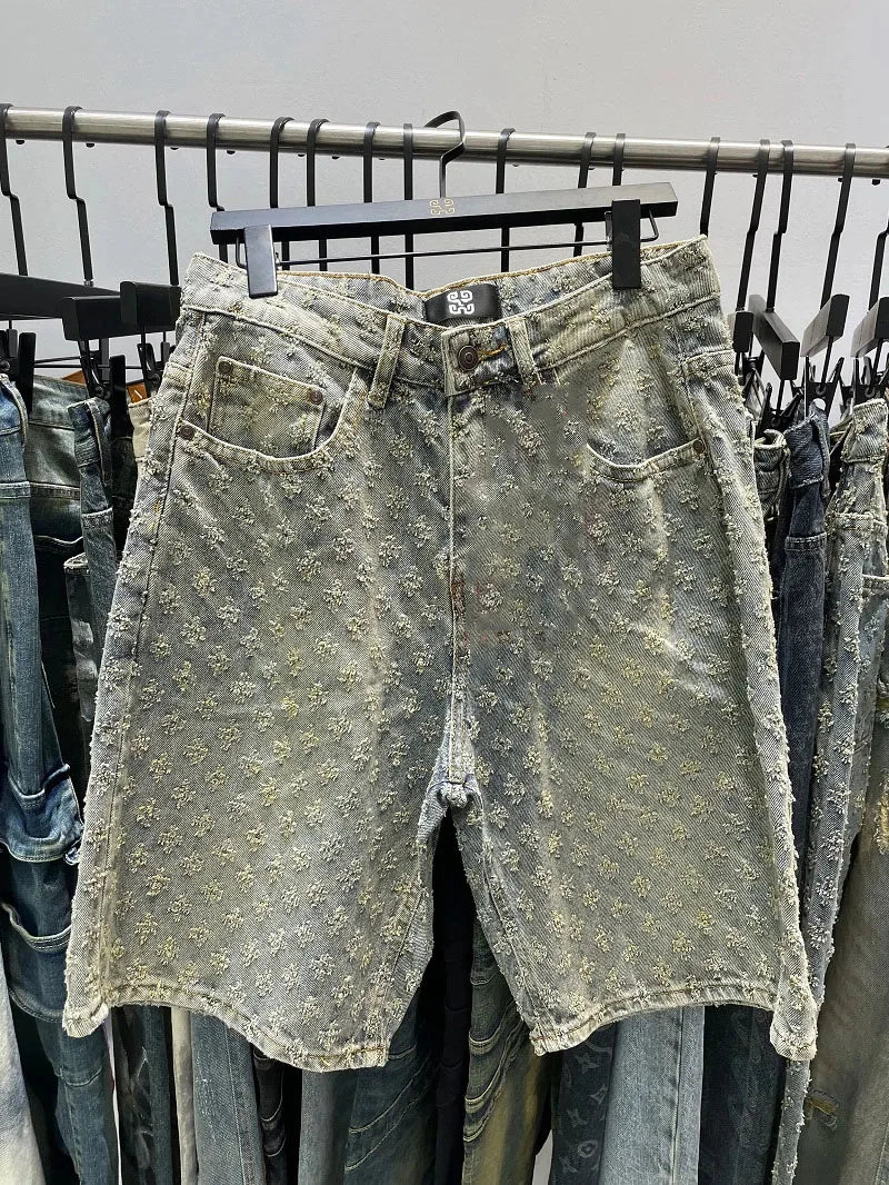 Pattern denim jean shorts