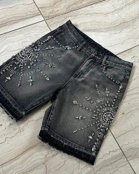 //Rhinestone denim jean shorts