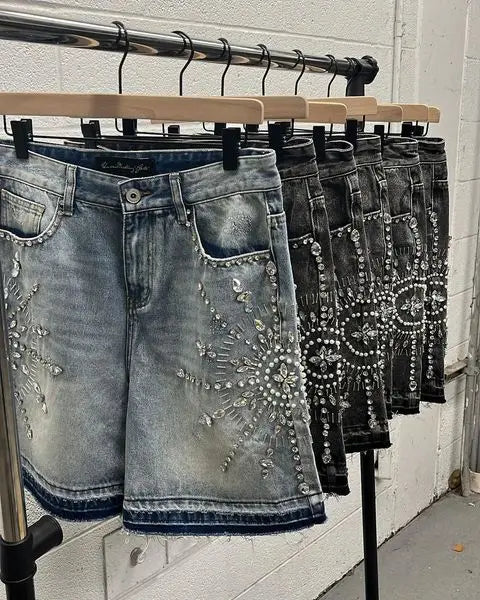 //Rhinestone denim jean shorts