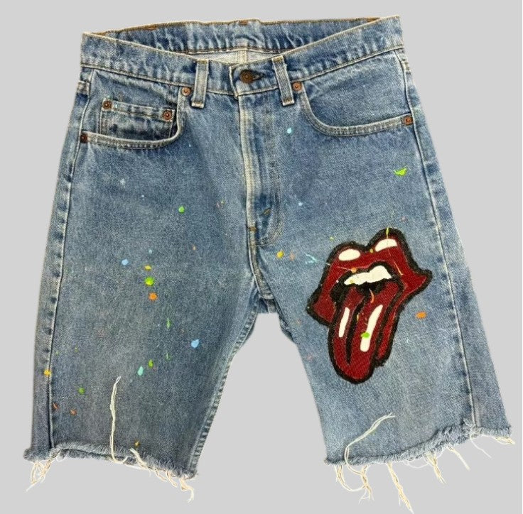 //red lip print denim jean shorts