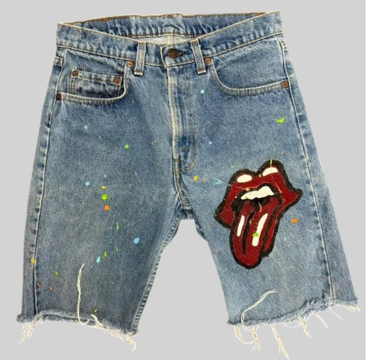 //red lip print denim jean shorts