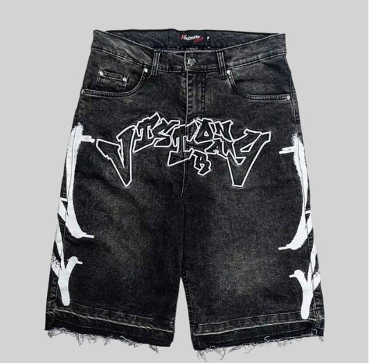 //black distressed jean shorts